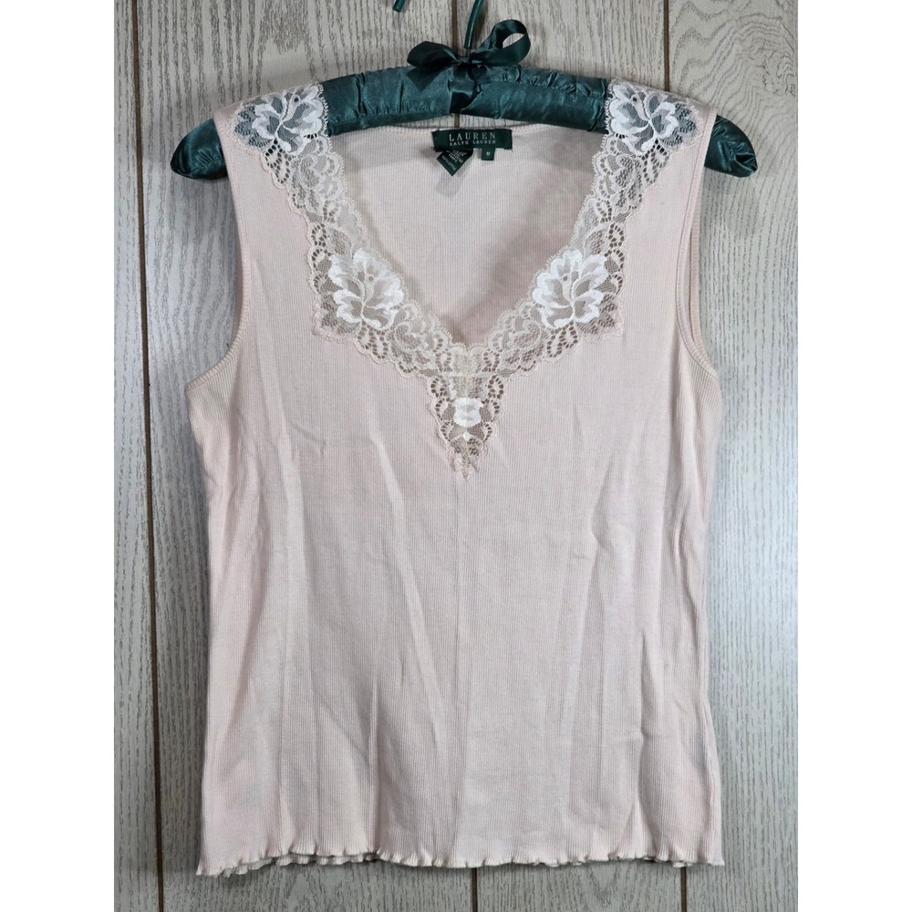VNTG Lauren Ralph Lauren Pink Ribbed Cotton Lace Trim V-Neck Tank Top Womens M